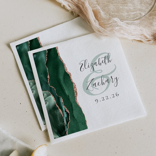Agate Geode Script Emerald Green Rose Gold Wedding Napkins (Creator Uploaded)