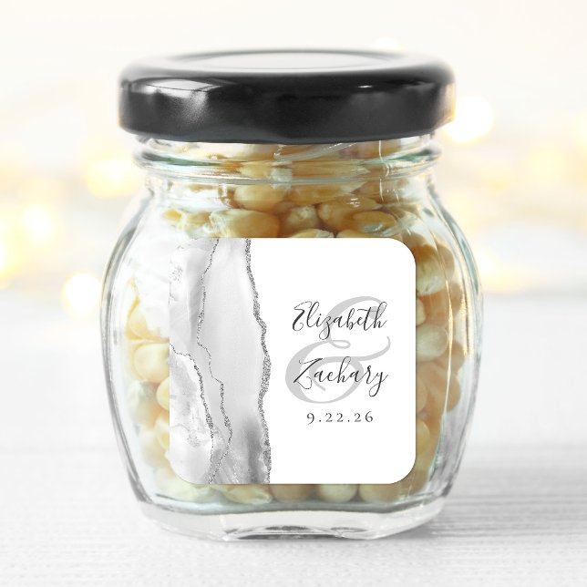 Agate Geode Script Gray Silver Wedding Square Sticker (Creator Uploaded)