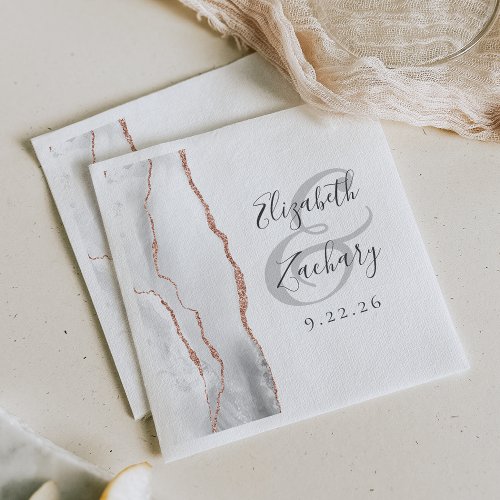 Agate Geode Script Gray White Rose Gold Wedding Napkins