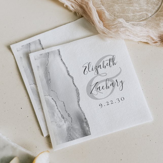 Agate Geode Script Gray White Silver Wedding Napkins (Creator Uploaded)