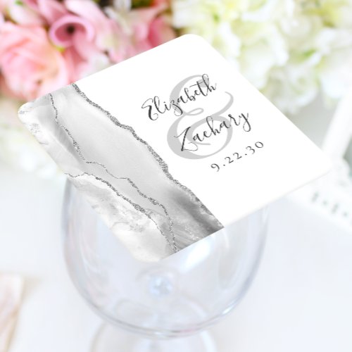 Agate Geode Script Gray White Silver Wedding Square Paper Coaster