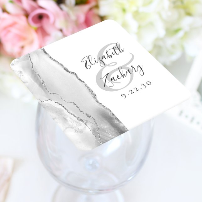 Agate Geode Script Gray White Silver Wedding Square Paper Coaster (Creator Uploaded)