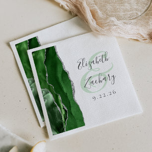 Agate Geode Script Hunter Green Silver Wedding Napkins
