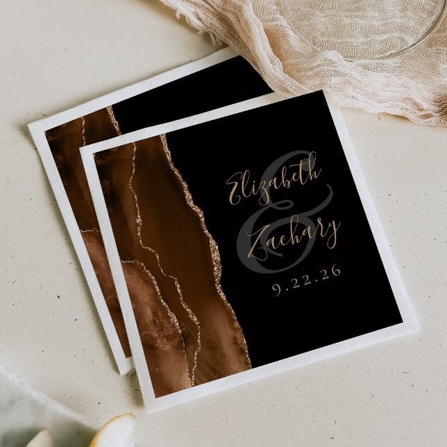 Agate Geode Script Mocha Brown Gold Black Wedding Napkins (Creator Uploaded)