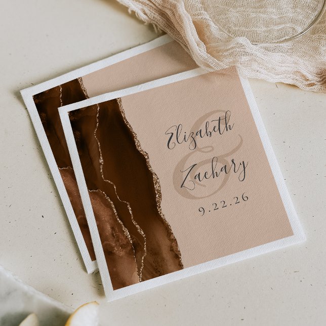 Agate Geode Script Mocha Brown Gold Tan Wedding Napkins (Creator Uploaded)