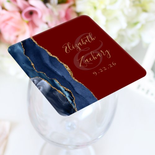 Agate Geode Script Navy Blue Gold Burgundy Wedding Square Paper Coaster