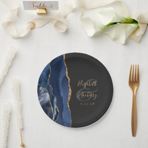 Agate Geode Script Navy Blue Gold Dark Paper Plates