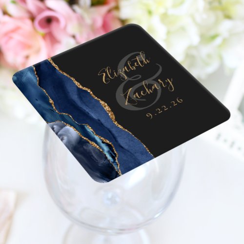 Agate Geode Script Navy Blue Gold Dark Wedding Square Paper Coaster