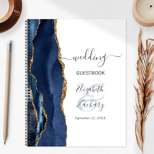 Agate Geode Script Navy Blue Gold Wedding Guest Notebook