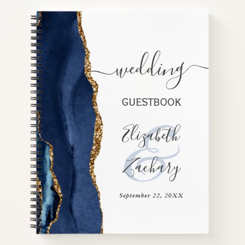 Agate Geode Script Navy Blue Gold Wedding Guest Notebook