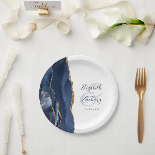 Agate Geode Script Navy Blue Gold Wedding Paper Plates