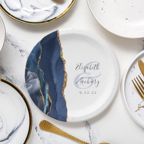 Agate Geode Script Navy Blue Gold Wedding Paper Plates