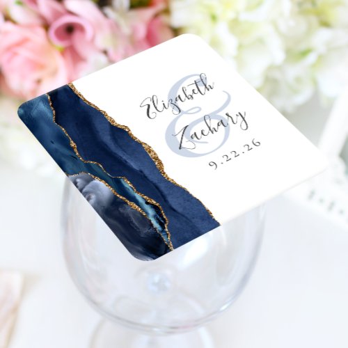 Agate Geode Script Navy Blue Gold Wedding Square Paper Coaster
