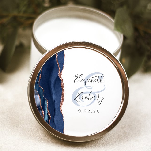 Agate Geode Script Navy Blue Rose Gold Wedding Classic Round Sticker (Creator Uploaded)