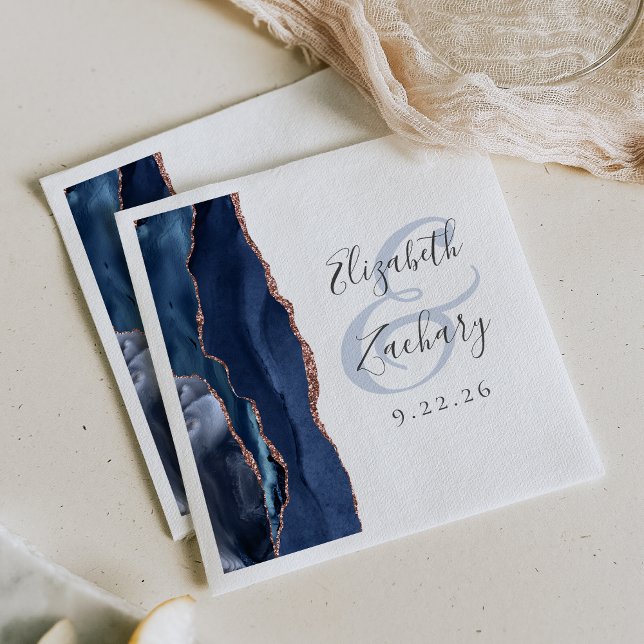 Agate Geode Script Navy Blue Rose Gold Wedding Napkins (Creator Uploaded)