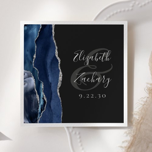 Agate Geode Script Navy Blue Silver Dark Wedding Napkins