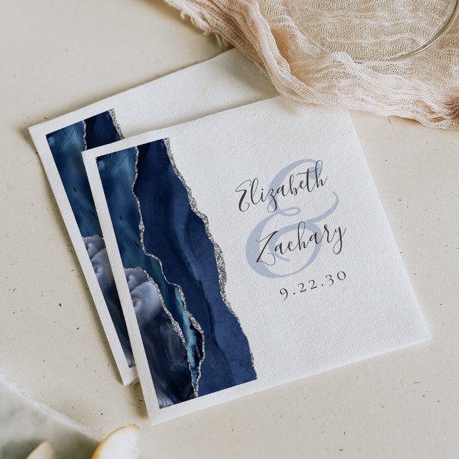 Agate Geode Script Navy Blue Silver Wedding Napkins (Creator Uploaded)