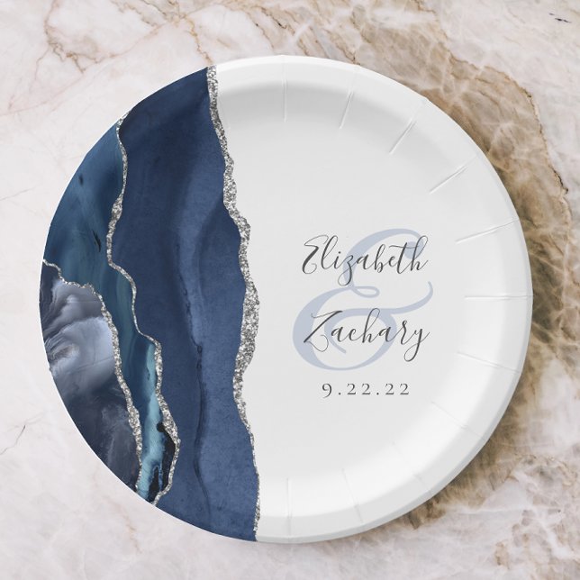 Agate Geode Script Navy Blue Silver Wedding Paper Plates (Creator Uploaded)