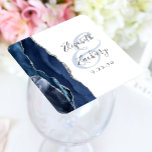 Agate Geode Script Navy Blue Silver Wedding Square Paper Coaster<br><div class="desc">This elegant modern wedding coaster features a navy blue watercolor agate geode design trimmed with faux silver glitter. Easily customize the charcoal gray text on a white background,  with the names of the bride and groom in handwriting calligraphy over a large,  pale blue ampersand.</div>