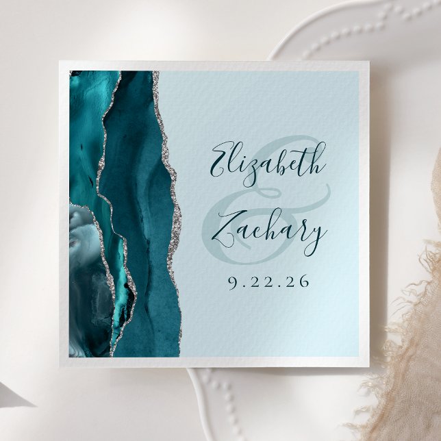 Agate Geode Script Pale Teal Silver Wedding Napkins (Creator Uploaded)