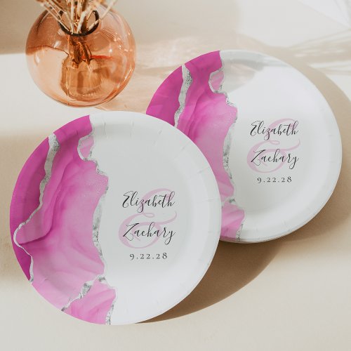 Agate Geode Script Pink Silver Wedding Paper Plates