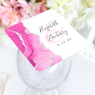 Agate Geode Script Pink Silver Wedding Square Paper Coaster