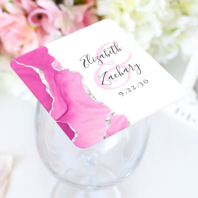 Agate Geode Script Pink Silver Wedding Square Paper Coaster (Creator Uploaded)