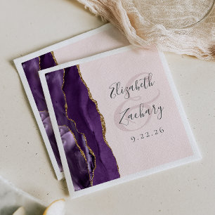 Agate Geode Script Purple Gold Blush Wedding Napkins