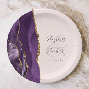 Agate Geode Script Purple Gold Blush Wedding Paper Plates