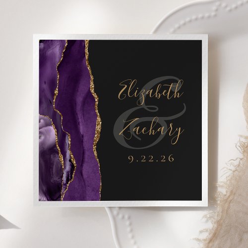 Agate Geode Script Purple Gold Dark Wedding Napkins