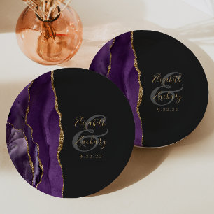 Agate Geode Script Purple Gold Dark Wedding Paper Plates