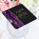 Agate Geode Script Purple Gold Dark Wedding Square Paper Coaster<br><div class="desc">This elegant modern wedding coaster features a purple watercolor agate design trimmed with faux gold glitter. Easily customize the gold colored text on a charcoal gray background,  with the names of the bride and groom in handwriting calligraphy over a large,  medium gray ampersand.</div>