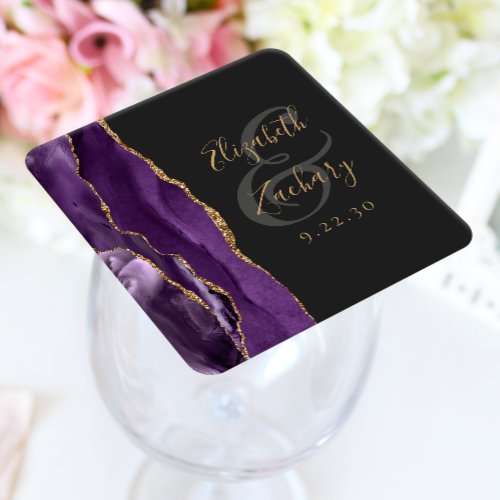 Agate Geode Script Purple Gold Dark Wedding Square Paper Coaster