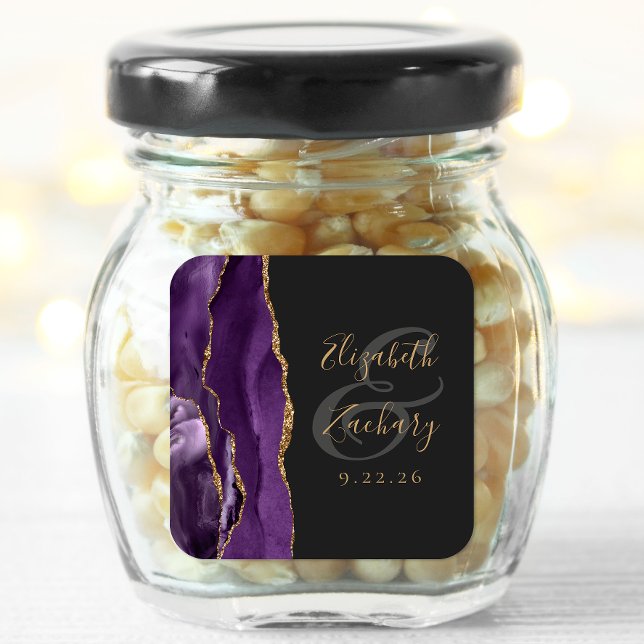Agate Geode Script Purple Gold Dark Wedding Square Sticker (Creator Uploaded)