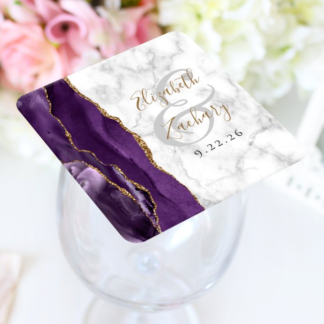 Agate Geode Script Purple Gold Marble Wedding Square Paper Coaster (Creator Uploaded)