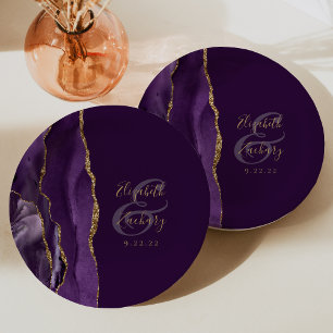 Agate Geode Script Purple Gold Plum Wedding Paper Plates