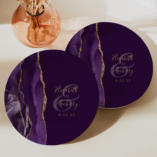 Agate Geode Script Purple Gold Plum Wedding Paper Plates (Creator Uploaded)