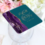 Agate Geode Script Purple Gold Plum Wedding Square Paper Coaster<br><div class="desc">This elegant modern wedding coaster features a purple watercolor agate design trimmed with faux gold glitter. Easily customize the gold-colored text on a teal blue background,  with the names of the bride and groom in handwriting calligraphy over a large ampersand.</div>