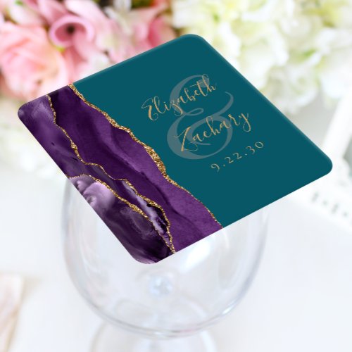 Agate Geode Script Purple Gold Plum Wedding Square Paper Coaster