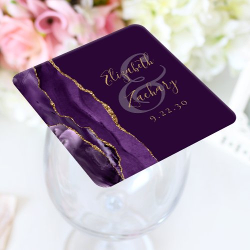Agate Geode Script Purple Gold Plum Wedding Square Paper Coaster