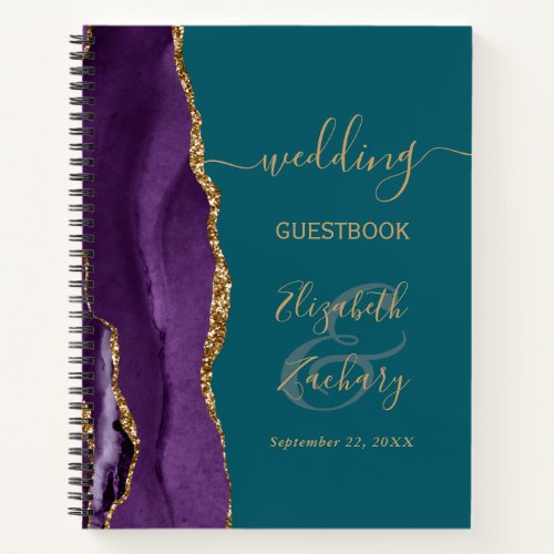 Agate Geode Script Purple Gold Teal Wedding Guest Notebook