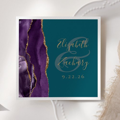 Agate Geode Script Purple Gold Teal Wedding Napkins
