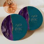 Agate Geode Script Purple Gold Teal Wedding Paper Plates<br><div class="desc">These elegant modern wedding plates feature a purple watercolor design trimmed with faux gold glitter. Easily customize the gold-colored text on a teal blue background,  with the names of the bride and groom in handwriting calligraphy over a large ampersand.</div>