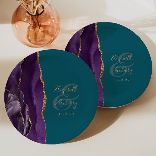 Agate Geode Script Purple Gold Teal Wedding Paper Plates
