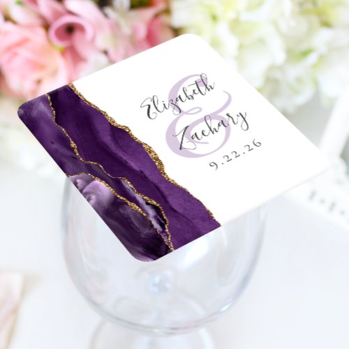 Agate Geode Script Purple Gold Wedding Square Paper Coaster