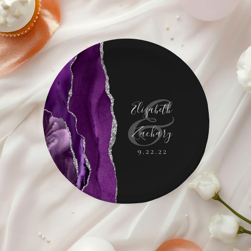 Agate Geode Script Purple Silver Dark Wedding Paper Plates