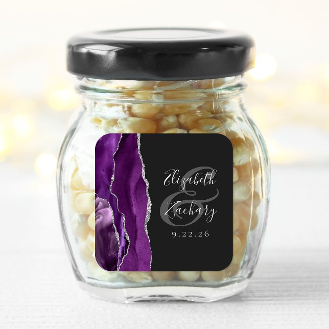 Agate Geode Script Purple Silver Dark Wedding Square Sticker (Creator Uploaded)