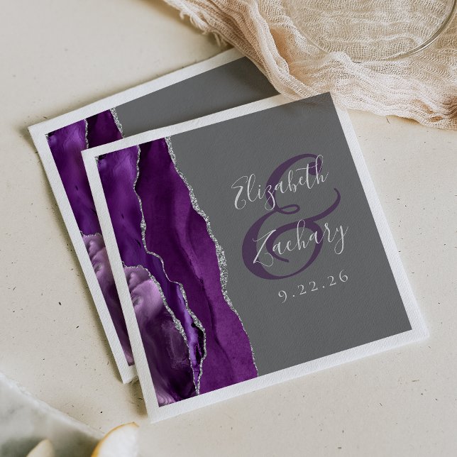 Agate Geode Script Purple Silver Gray Wedding Napkins (Creator Uploaded)
