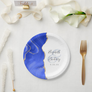 Agate Geode Script Royal Blue Gold Wedding Paper Plates