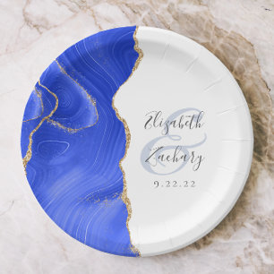 Agate Geode Script Royal Blue Gold Wedding Paper Plates